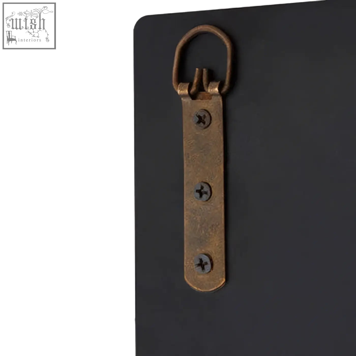 Antique brass wall hanging bracket with three screws and d-ring attachment for pasadena wallis wall mirror back side