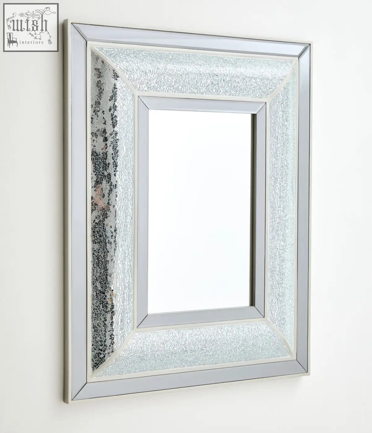 Rectangular silver-framed wallis wall mirror with textured crackled glass panels perfect for wall decor