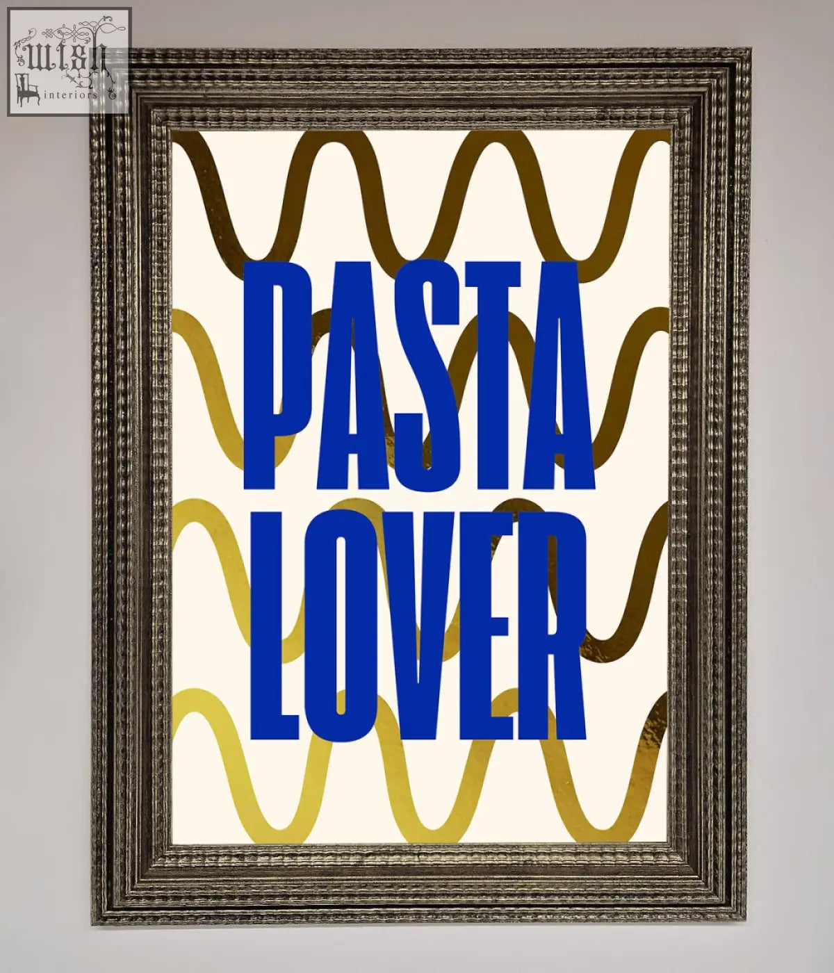 A framed pasta lover foil print with bold blue text on cream background and wavy gold brown lines