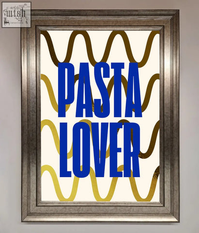 A pasta lover foil print wall art with bold blue text on cream background and wavy gold and brown lines