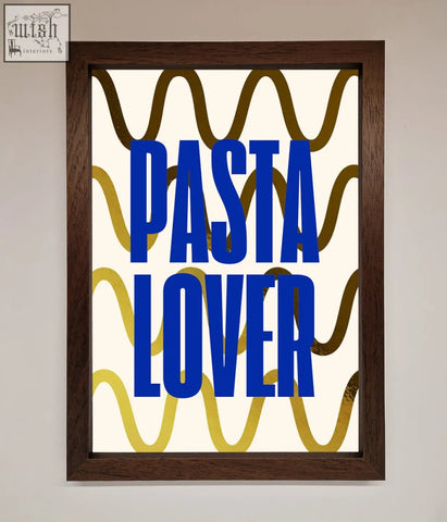 A framed pasta lover foil print poster with bold blue text on a cream background and wavy gold and brown lines