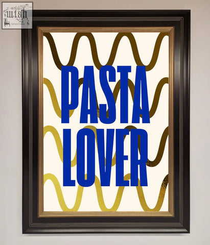 A framed pasta lover foil print with bold blue text on cream background and wavy gold and brown lines