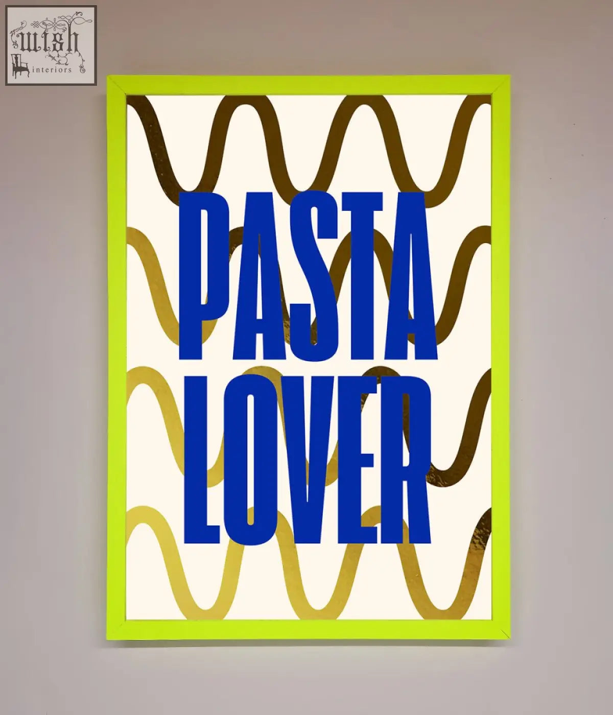 A vibrant lime green framed pasta lover foil print with bold blue text and wavy gold and brown lines on white background