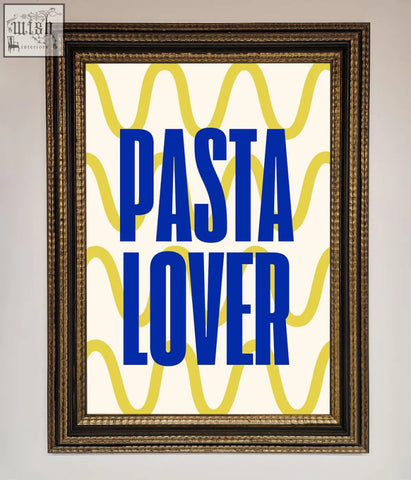 Pasta lover framed wall art with bold blue text on cream background and yellow waves in an ornate gold-toned frame