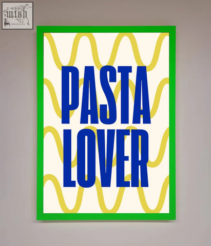 A pasta lover framed wall art featuring bold blue text on cream background with yellow waves and green border