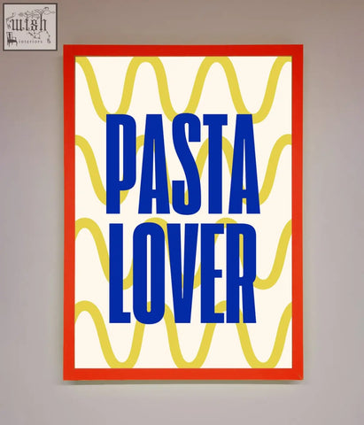 A bold red-framed pasta lover framed wall art with blue block letters on cream background and yellow wavy lines