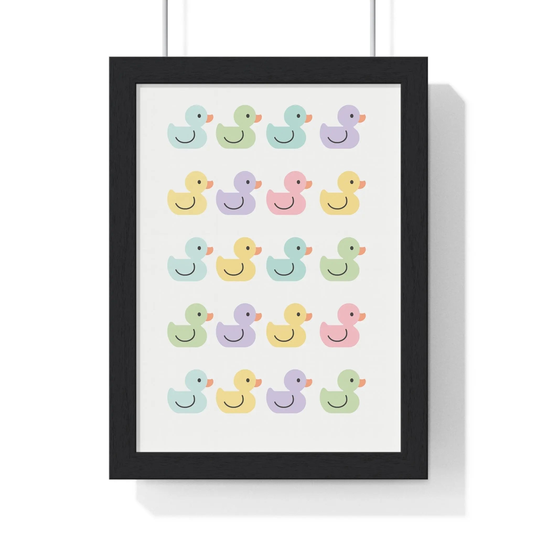 A framed pastel rubber duck poster featuring a grid of cute rubber duck illustrations in soft mint lavender yellow and pink