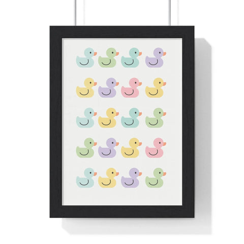 A framed pastel rubber duck poster featuring a grid of cute rubber duck illustrations in soft mint lavender yellow and pink