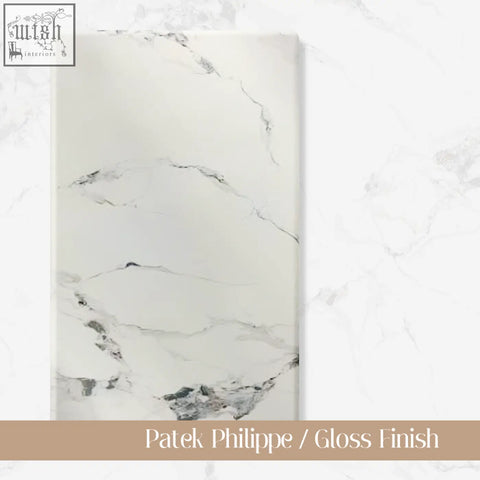 Patek philippe gloss finish rectangular plaque with white and gray marble pattern made from sintered stone