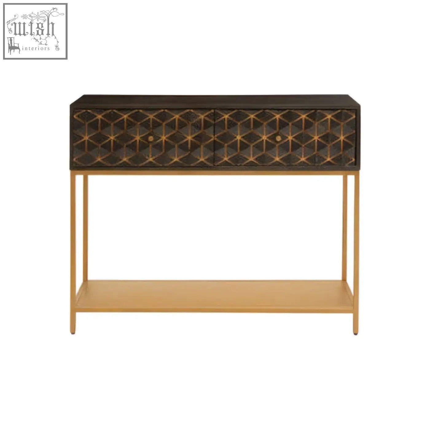 Black mango wood console table with gold geometric inlay and brass legs in patna grey mango wood style