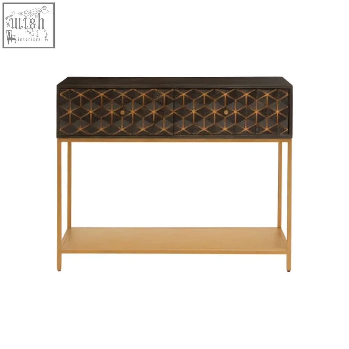 Black mango wood console table with gold geometric inlay and brass legs in patna grey mango wood style