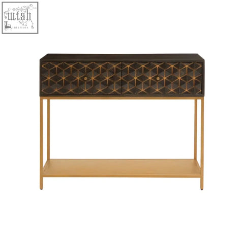 Black mango wood console table with gold geometric inlay and brass legs in patna grey mango wood style