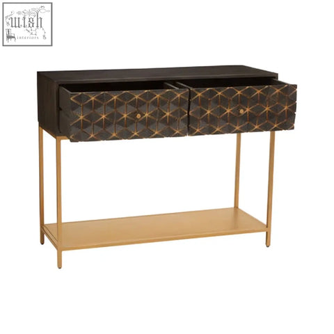 Black patna grey mango wood console table with gold geometric drawers and matching gold metal frame