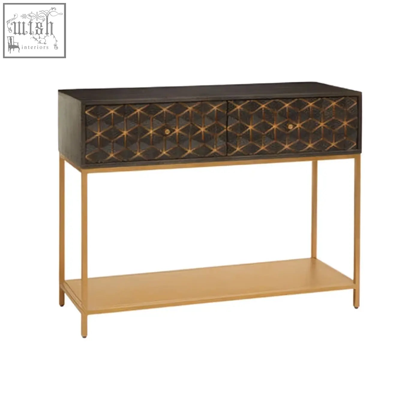 Black console table with gold geometric inlay and brass legs made from patna grey mango wood mango wood console