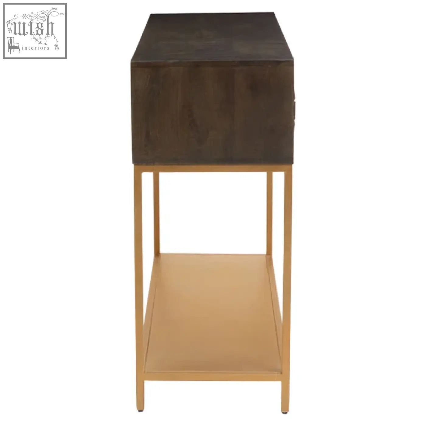 Patna grey mango wood console table with dark brown textured top and gold toned metal legs and shelf
