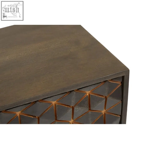 Dark brown patna grey mango wood console with geometric mirrored panels framed in copper-toned metal