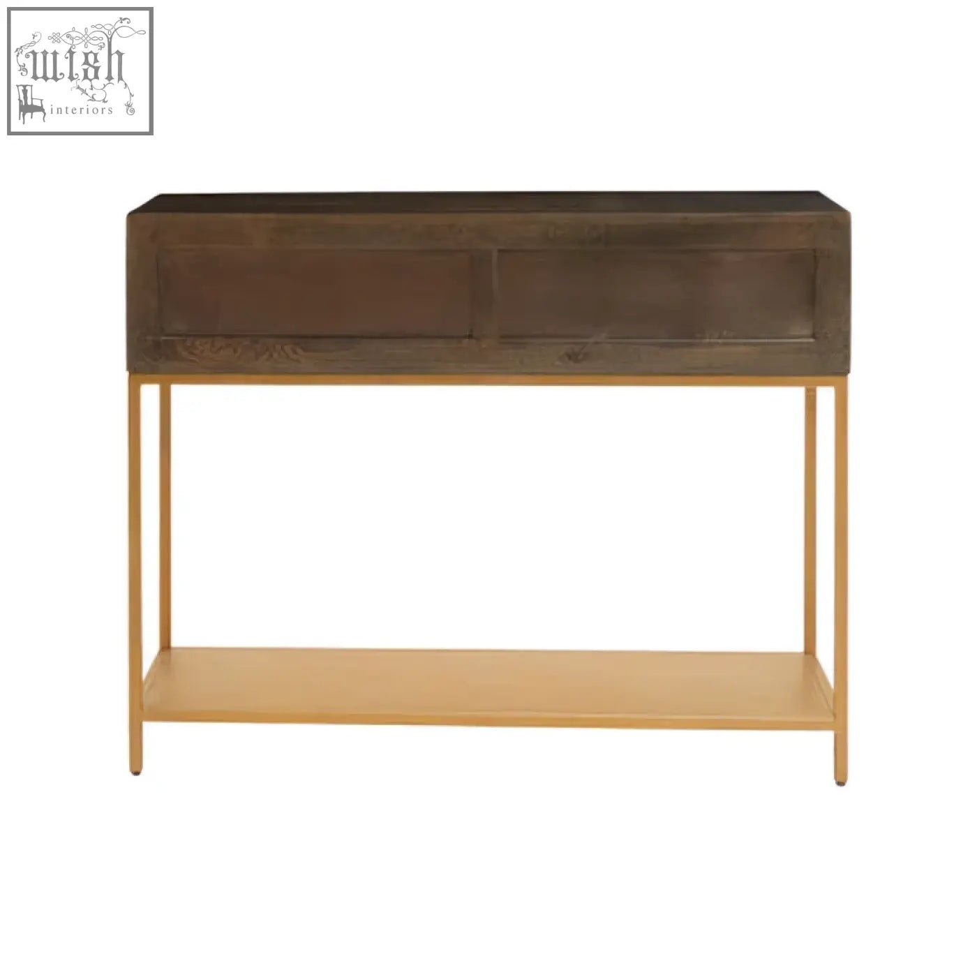 Dark wood patna grey mango wood console table with two drawers and gold-toned metal legs and lower shelf