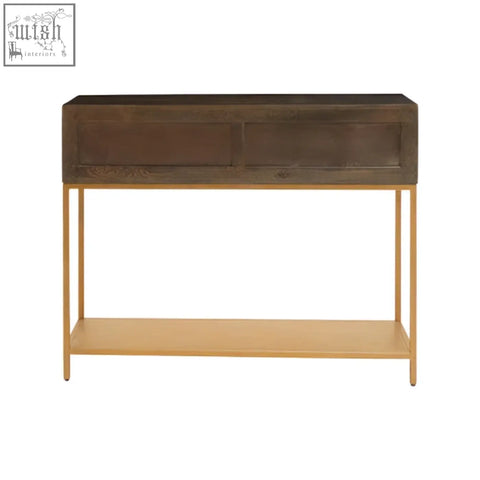 Dark wood patna grey mango wood console table with two drawers and gold-toned metal legs and lower shelf