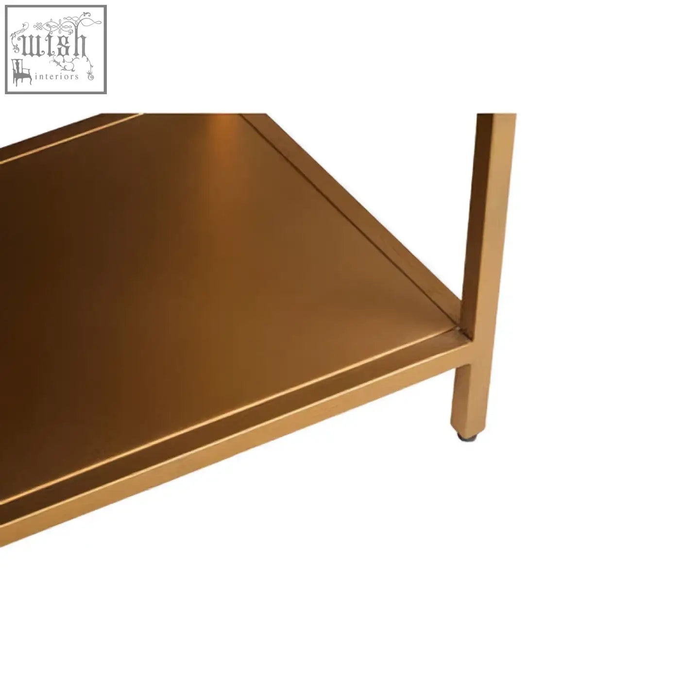 Gold-finished metal shelf with sleek rounded edges on a patna grey mango wood console table with grey mango wood design