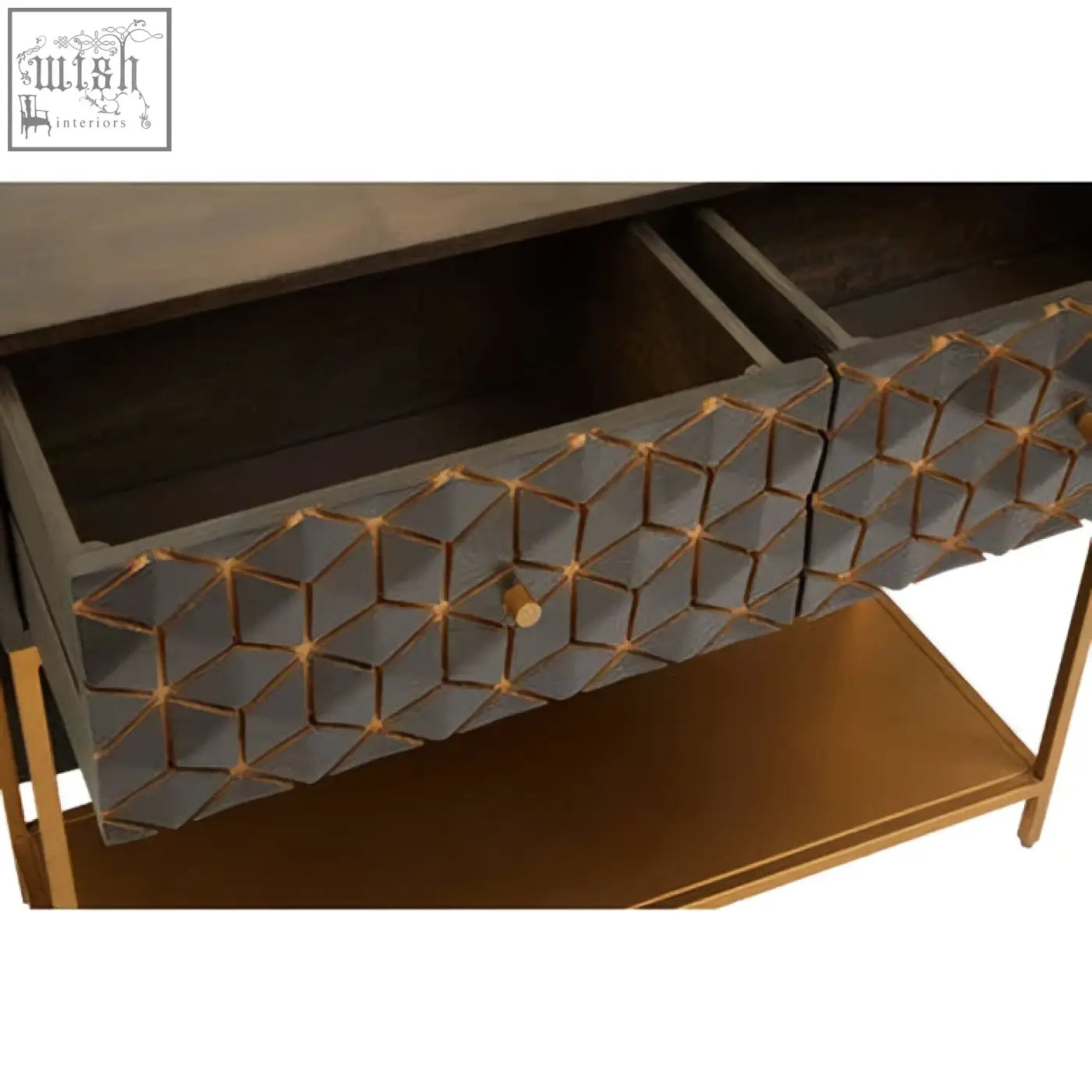 Patna grey mango wood console table drawer with gray geometric pattern and gold-toned metal knob accents