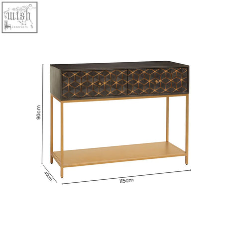 Patna grey mango wood console table with black top gold geometric inlay two drawers and slender gold legs