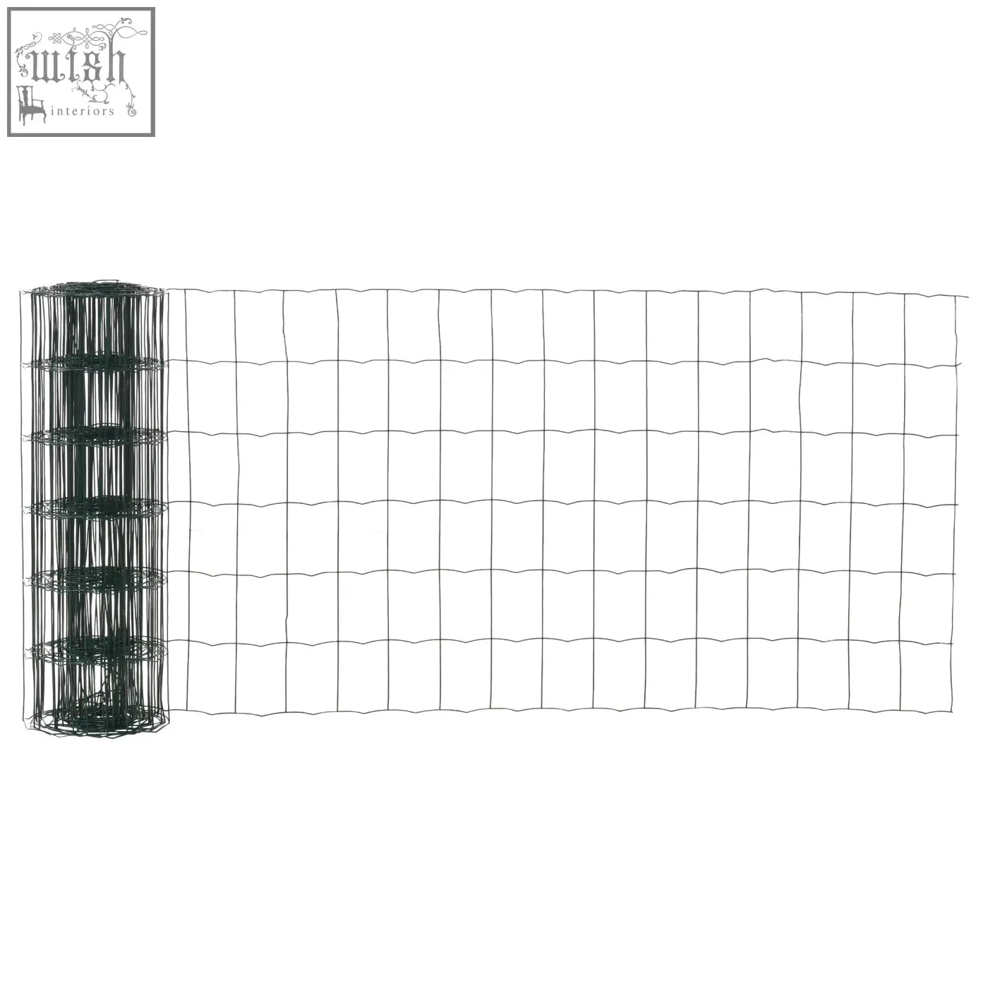 A roll of dark green pvc coated wire mesh fencing with a grid pattern ideal for garden and animal use