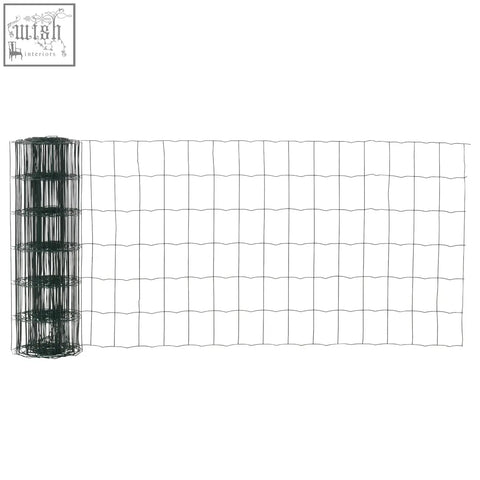 A roll of dark green pvc coated wire mesh fencing with a grid pattern ideal for garden and animal use
