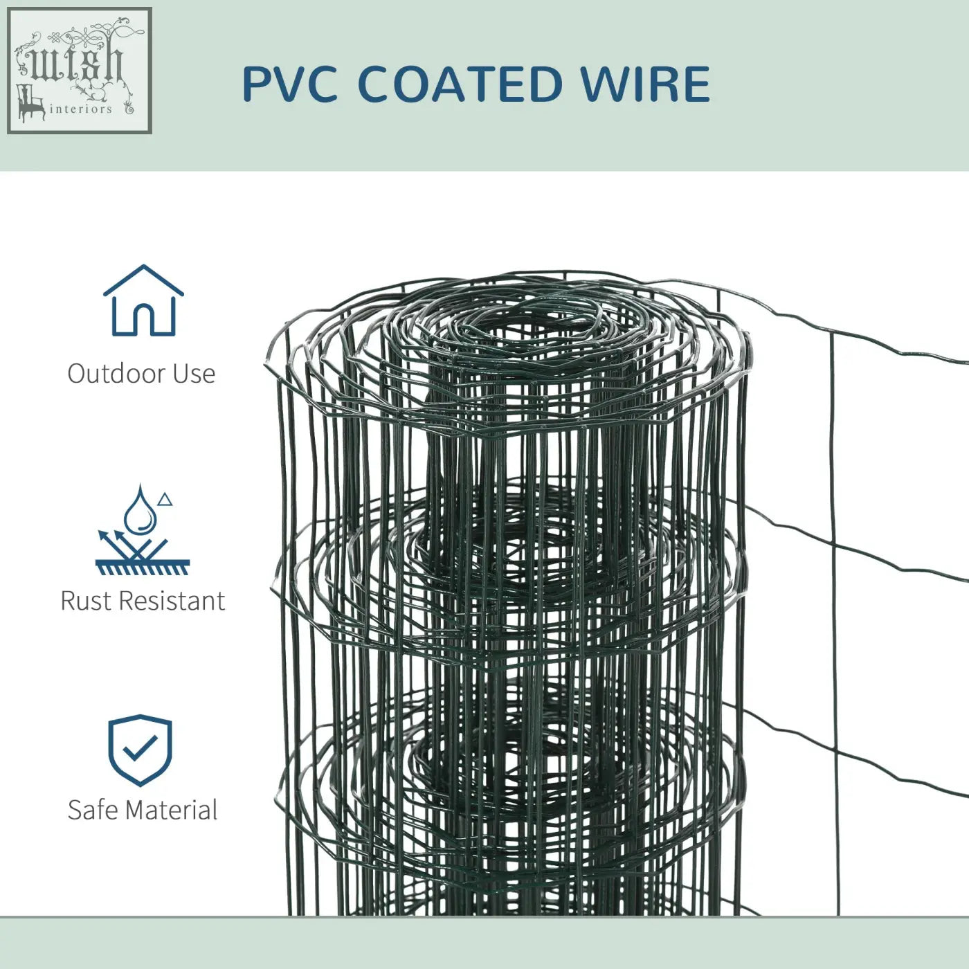 A roll of dark green pvc coated wire mesh fencing ideal for outdoor use in gardening and animal enclosures
