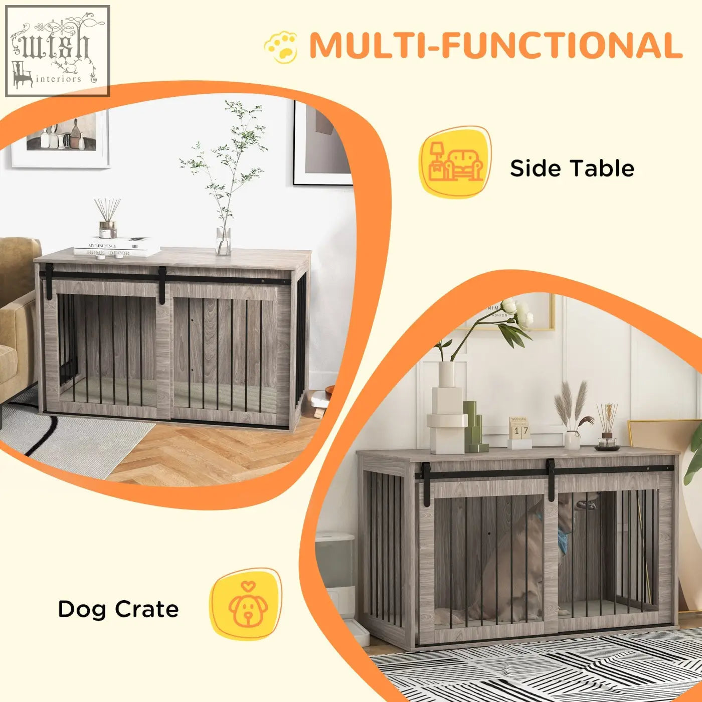 Gray wood-grain dog crate furniture with black metal hardware and sliding barn door for extra large dogs by pawhut