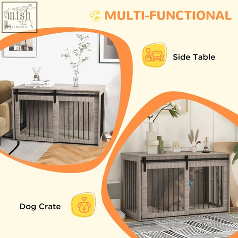 Gray wood-grain dog crate furniture with black metal hardware and sliding barn door for extra large dogs by pawhut