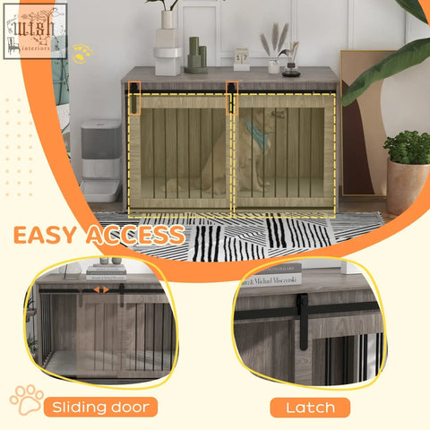 Gray wood grain dog crate furniture with sliding door and black metal latch for extra large dogs by pawhut