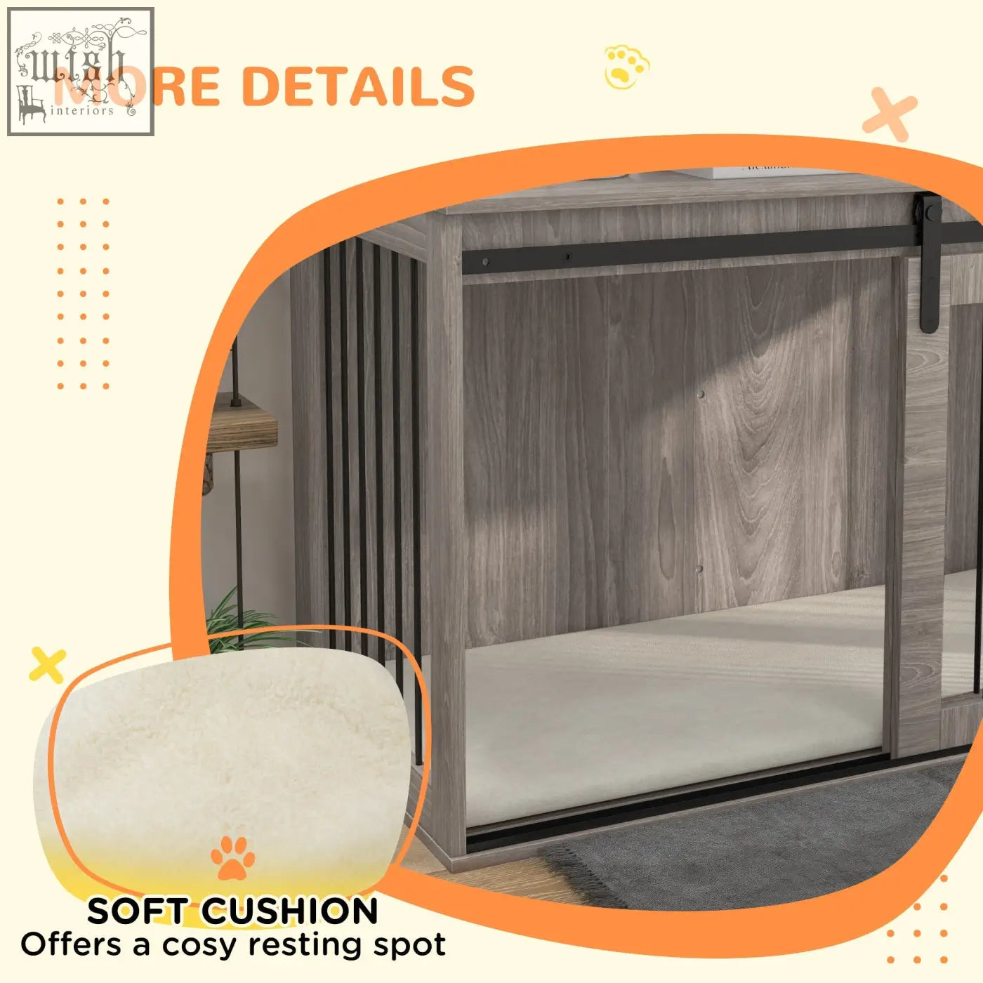 Gray wood grain dog crate furniture by PawHut with soft white cushion for cozy resting in extra large dog crate