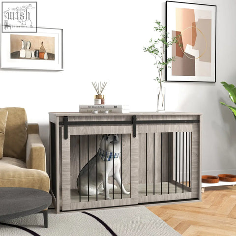 Gray wood-finish sliding door dog crate with black metal hardware and vertical bars in pawhut crate furniture