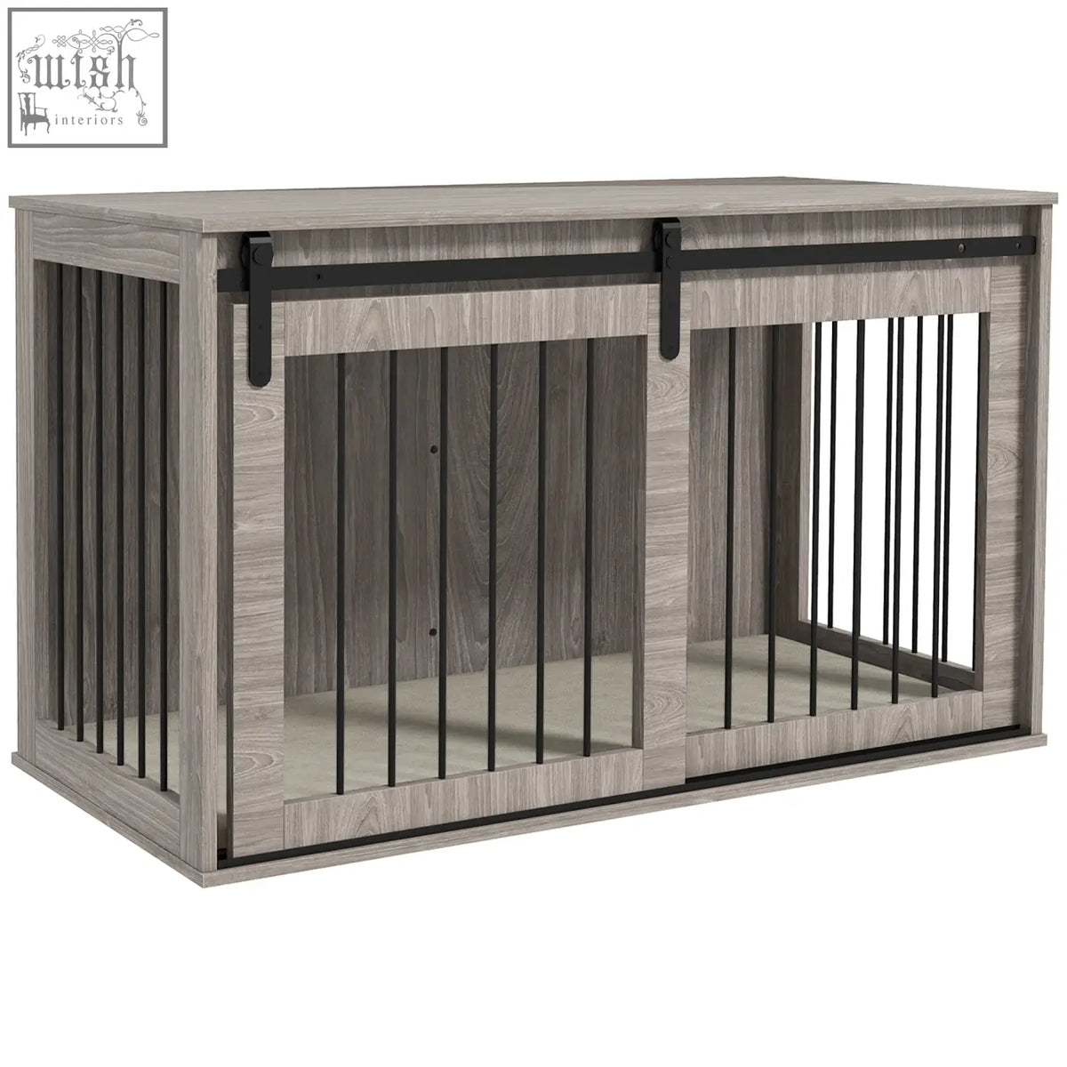 Gray wood-paneled pawhut dog crate furniture with black metal sliding doors and vertical bars for extra large dogs
