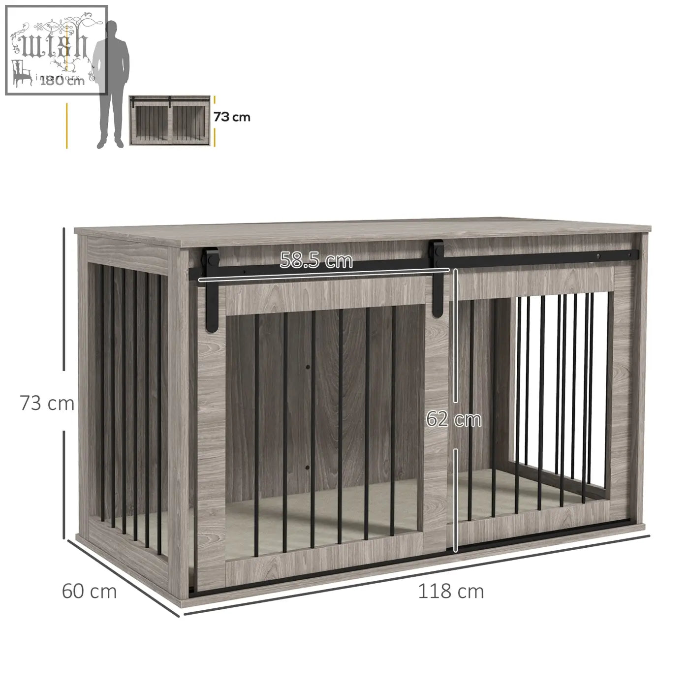 Gray wood-grain pawhut dog crate furniture with black metal sliding doors and vertical bars for extra large dogs