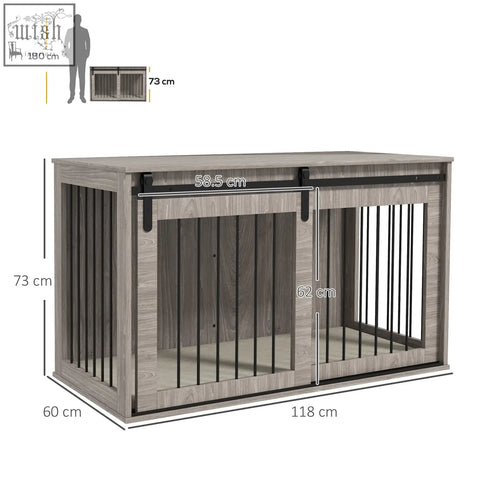 Gray wood-grain pawhut dog crate furniture with black metal sliding doors and vertical bars for extra large dogs