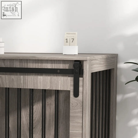 Gray wood dog crate furniture with black metal sliding barn door hardware by pawhut for extra large dogs