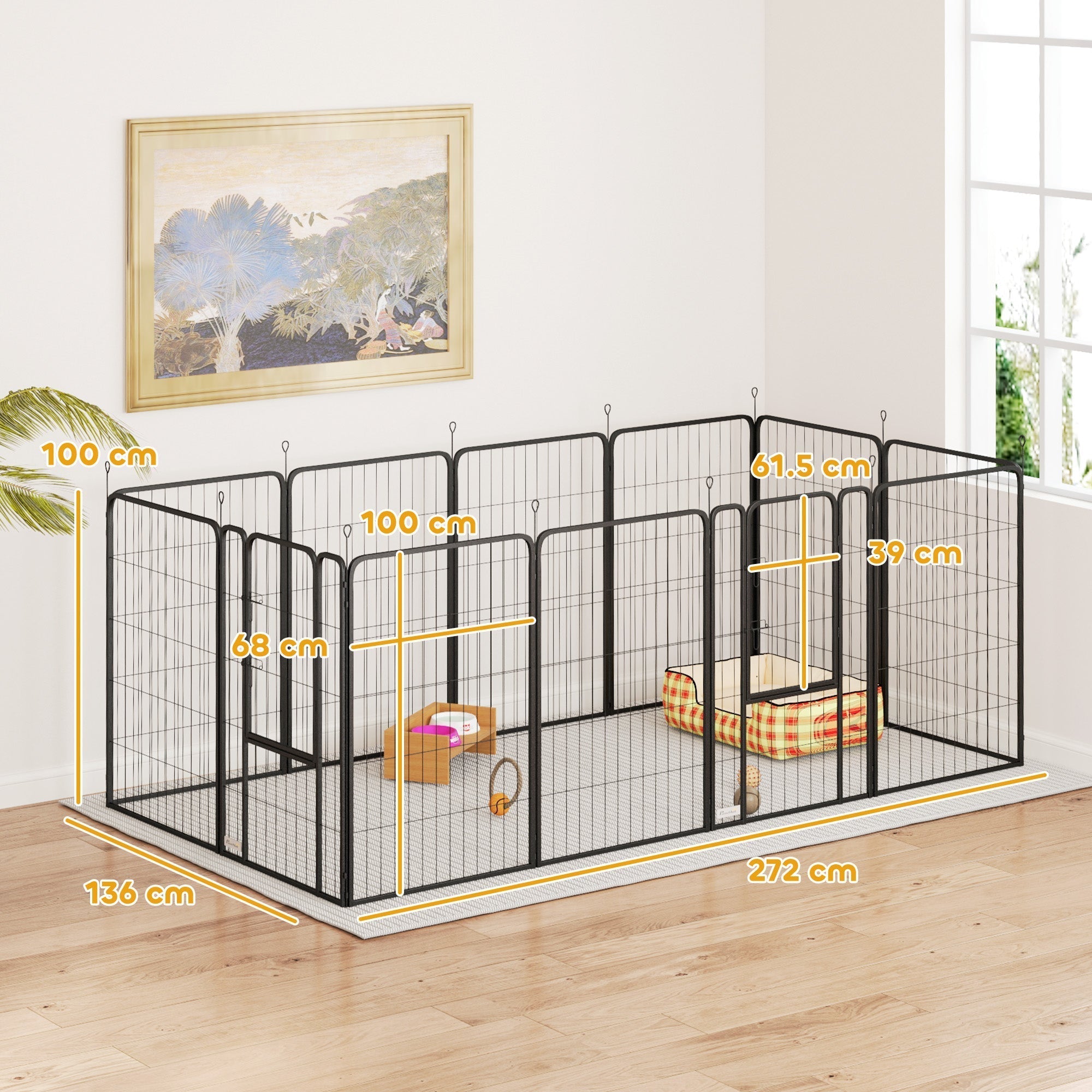 Pawhut heavy duty dog playpen with 12 black metal grid panels and ground stakes for large dogs 100cm high