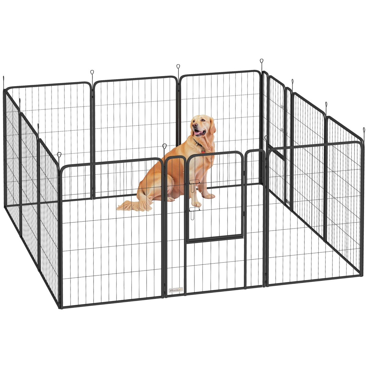 Black metal heavy duty dog playpen with doors and ground stakes holding a golden retriever inside by pawhut