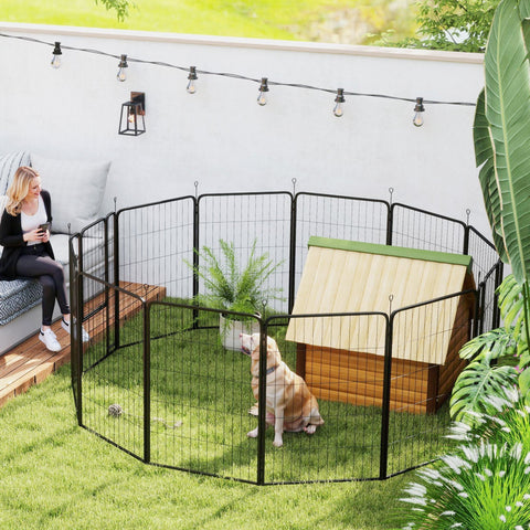 Black metal PawHut heavy duty dog playpen with wooden house includes ground stakes for large dogs 100cm high