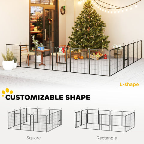 Black metal heavy duty dog playpen in l-shape with grid pattern and ground stakes for outdoor use by pawhut