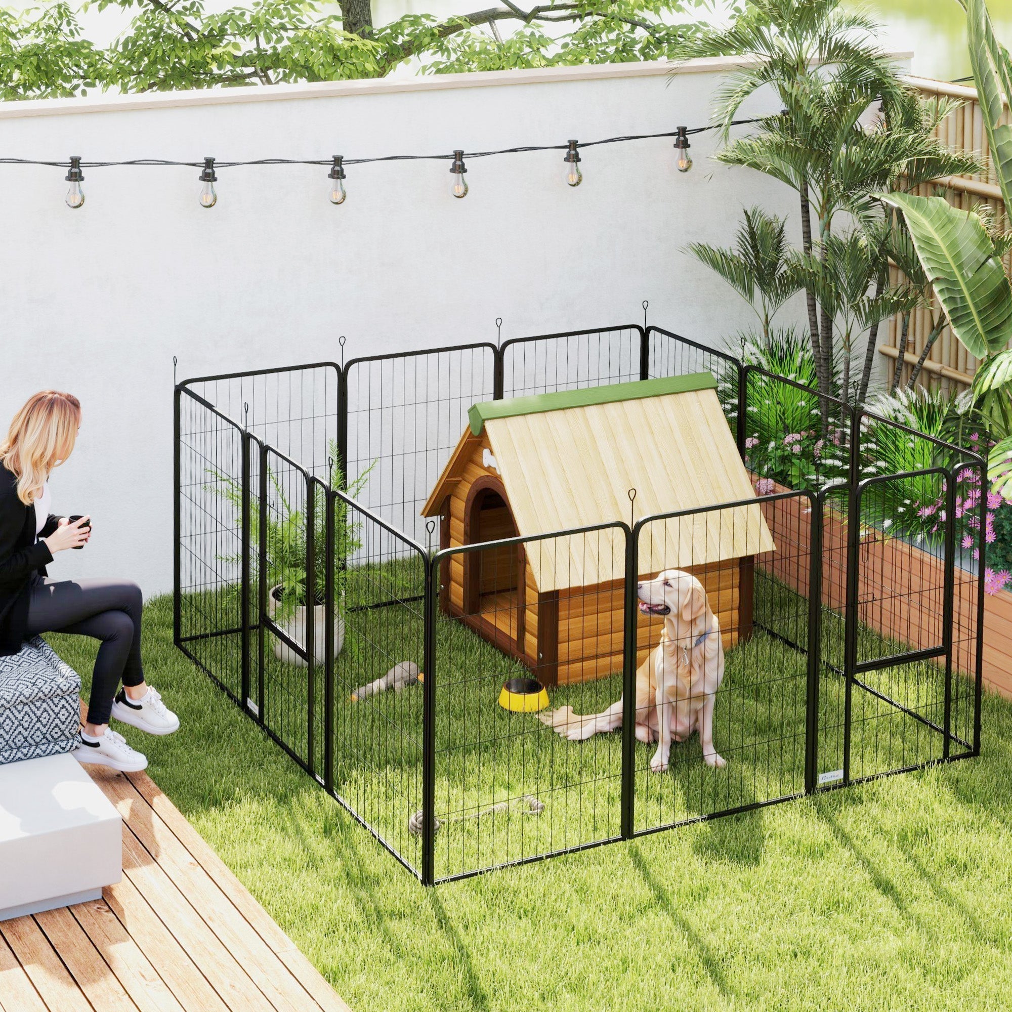 Black metal heavy duty dog playpen with wooden dog house inside and ground stakes for large dogs 100cm high