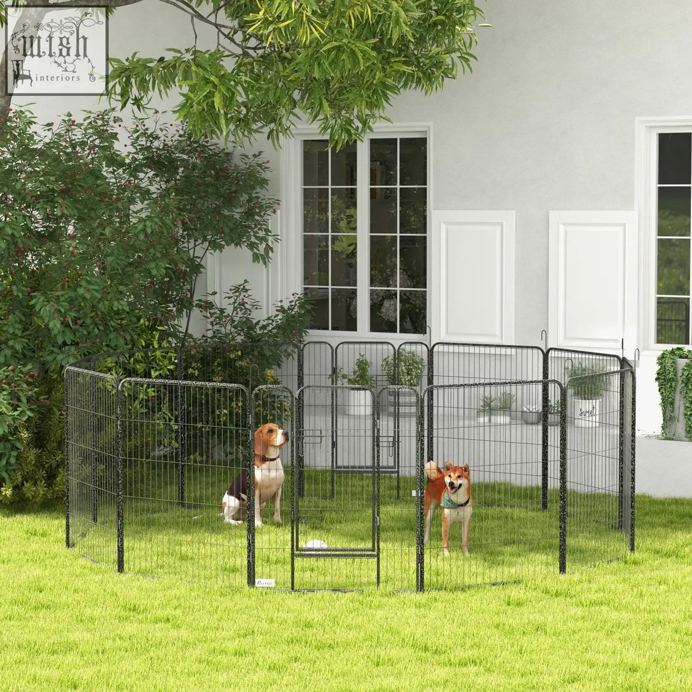 Black heavy duty puppy playpen with 12 silver metal panels 36mm x 192mm for indoor outdoor use