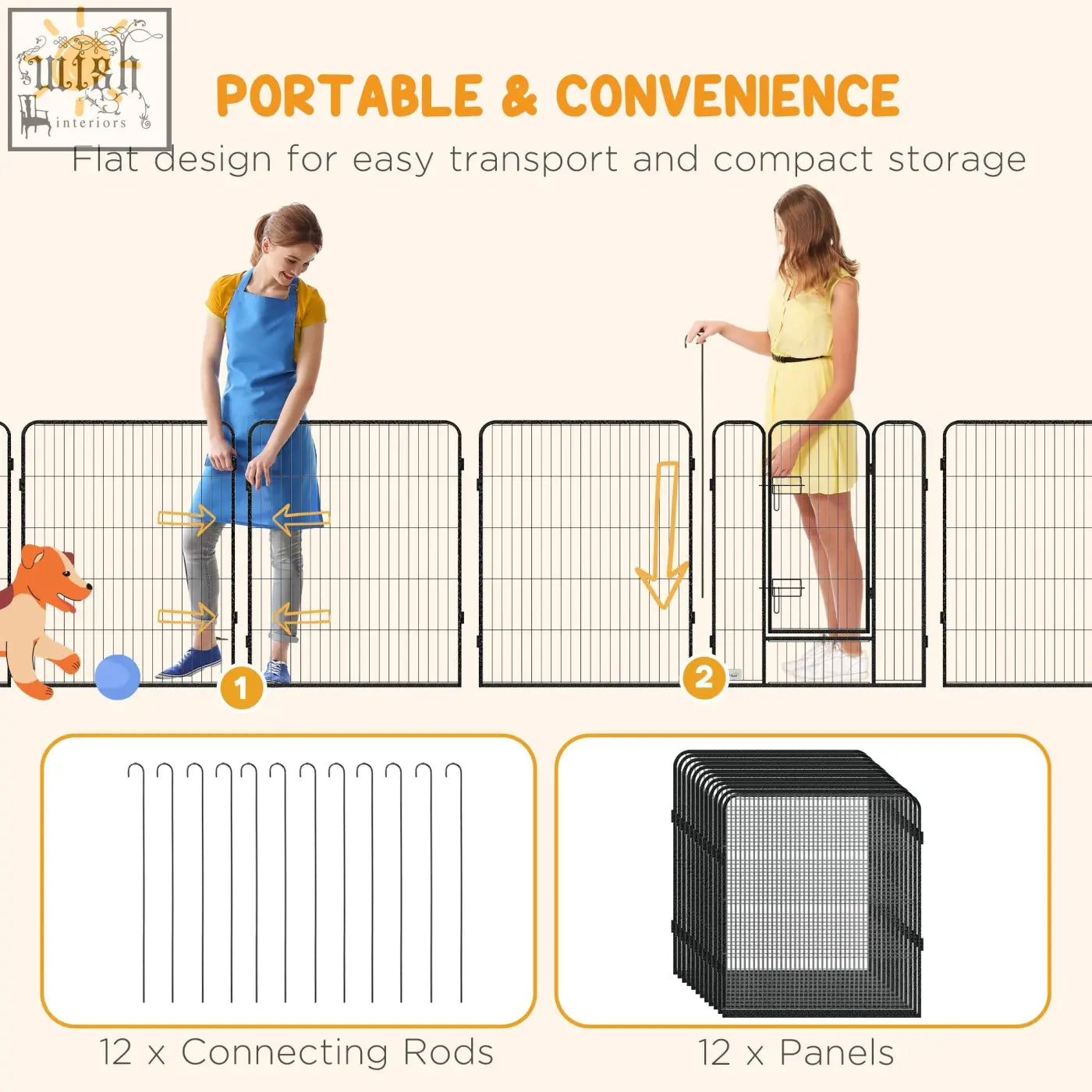 Black metal pet playpen panels with a flat, foldable design for portable and convenient storage.