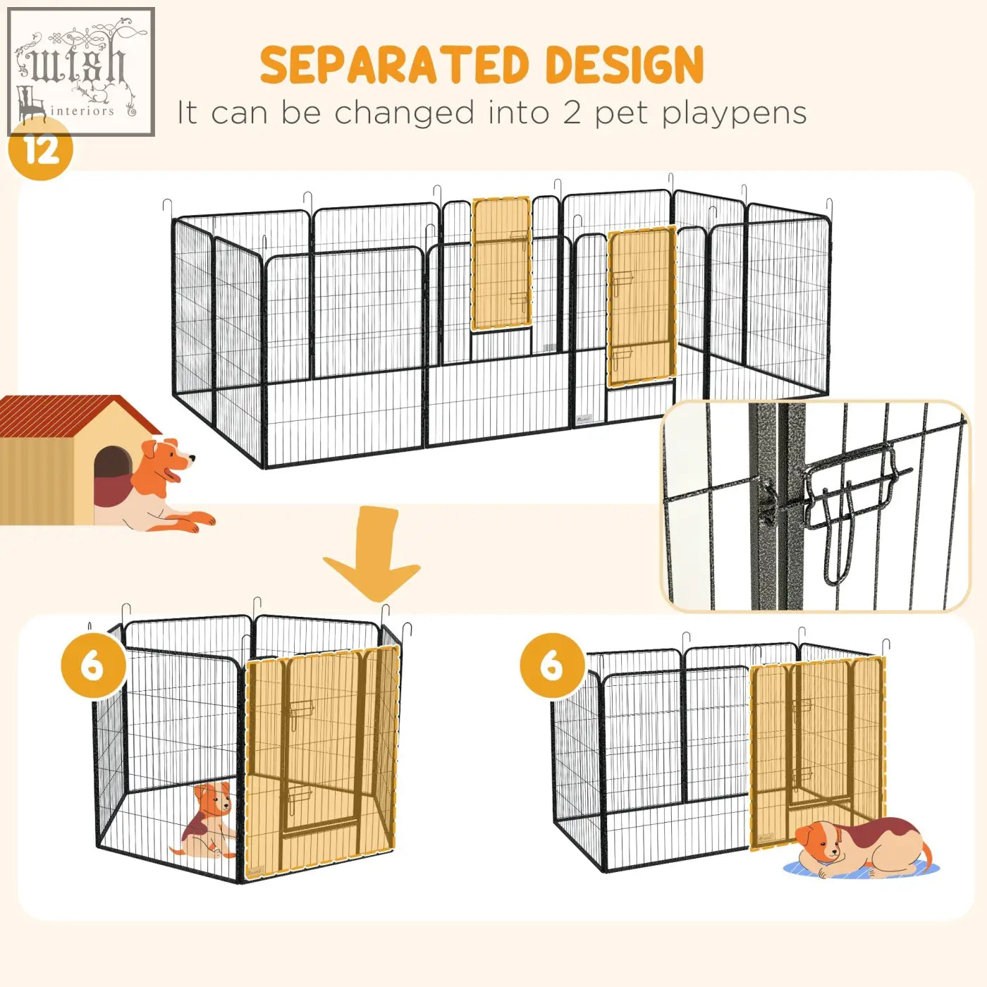 Pawhut heavy duty puppy playpen 36mm x 192mm black metal with tan fabric doors can split into two enclosures