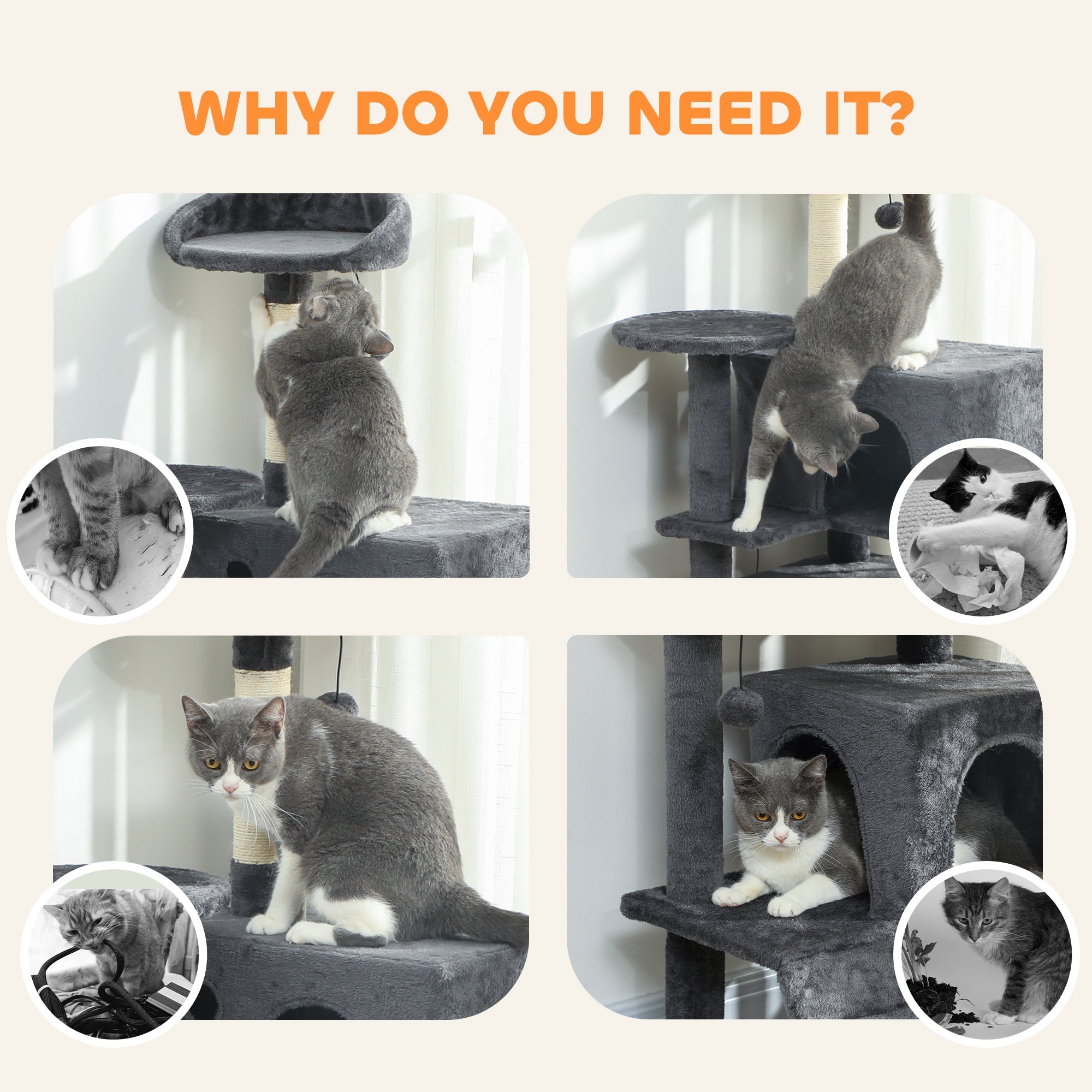 Gray pawhut cat tree with sisal scratching posts, cat houses, plush perches, hammock, ladder, 48w x 48d size