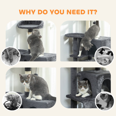 Gray pawhut cat tree with sisal scratching posts, cat houses, plush perches, hammock, ladder, 48w x 48d size