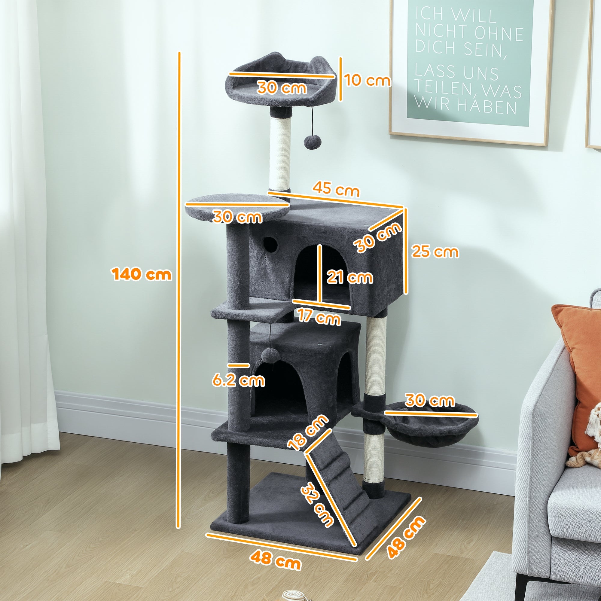 Gray plush pawhut cat tree 140cm with sisal scratching posts cat house hammock and ladder 48w x 48d