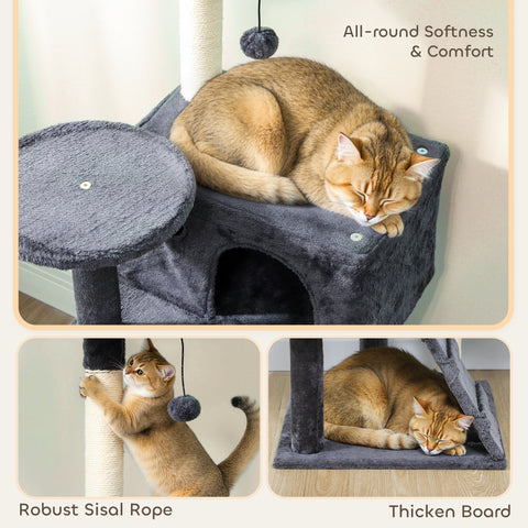 Gray plush cat tree with sisal rope scratching posts soft rounded top platform in dark grey pawhut cat house tower