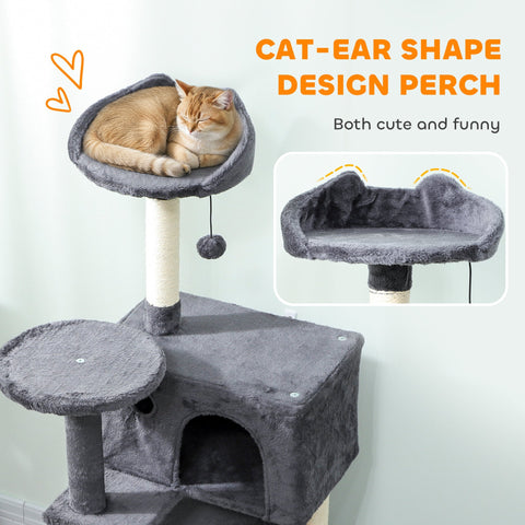 Gray plush cat tree with cat ear shaped perch on top sisal scratching posts and cat house in dark grey